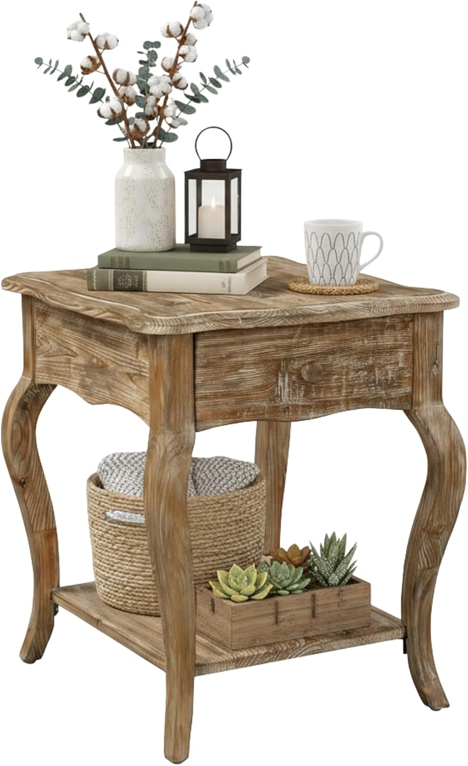 Austerity 20-Inch Rectangular Rustic Solid Wood End Table with Drawer and Shelf – Cedar Wood, Driftwood Finish, Queen Anne Legs, Scalloped Edges – Living Room Accent Table by Alaterre Furniture