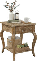 Austerity 20-Inch Rectangular Rustic Solid Wood End Table with Drawer and Shelf – Cedar Wood, Driftwood Finish, Queen Anne Legs, Scalloped Edges – Living Room Accent Table by Alaterre Furniture