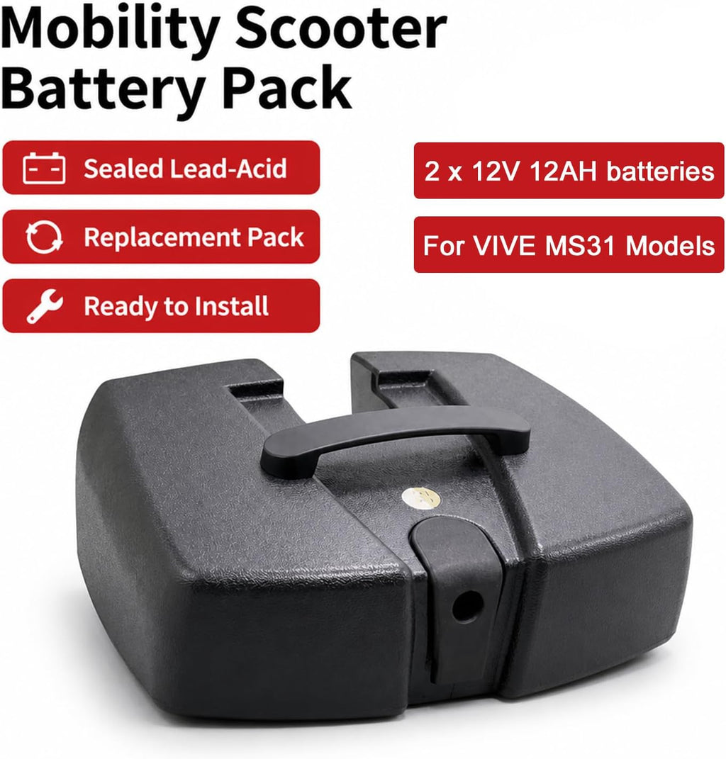 Original Battery Case w/ 2pcs 12AH Lead Acid Batteries Compatible with Vive/Elifecenter W3431 MS31 Series Mobility Scooters