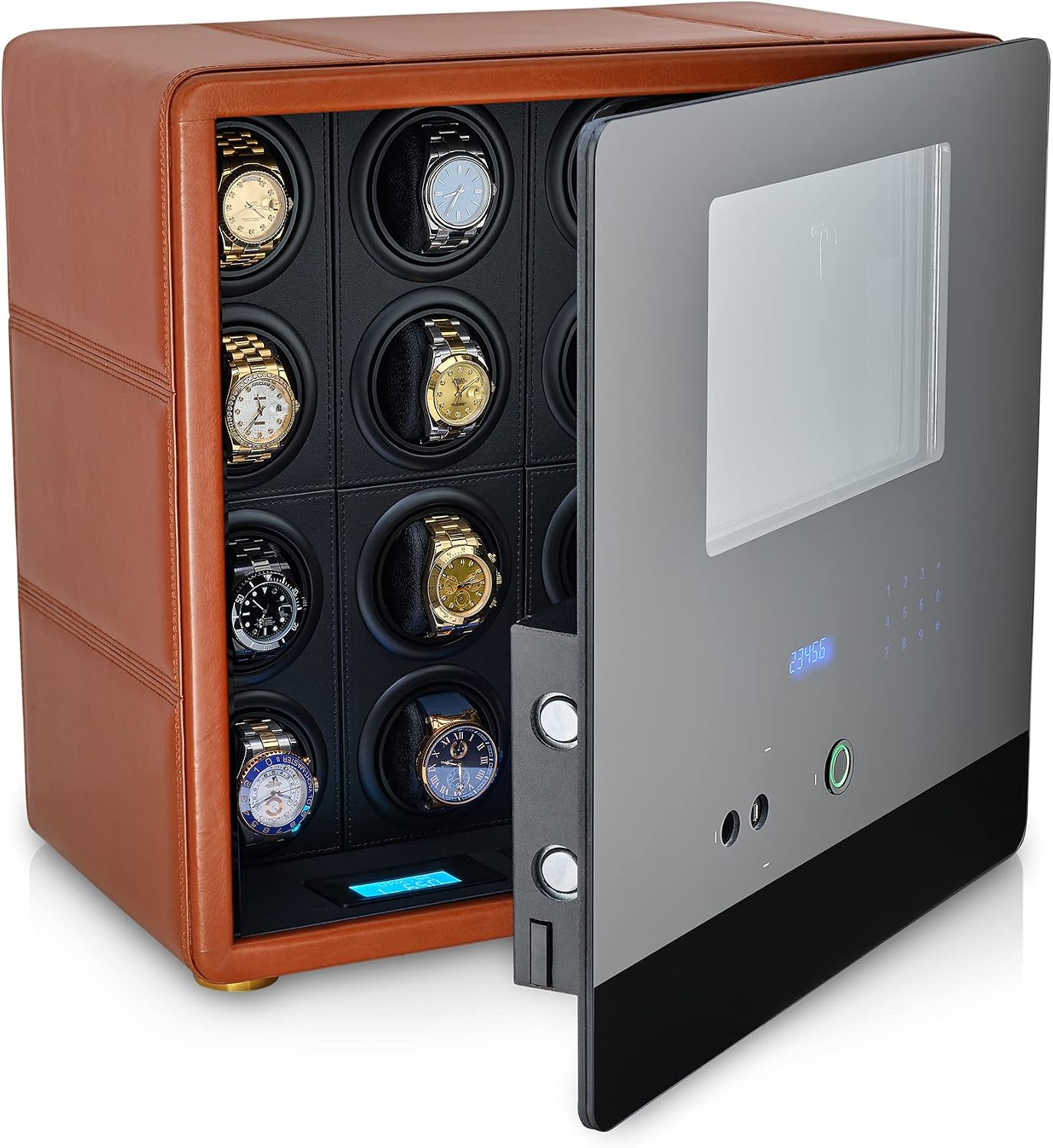 12 Watch Winder with Fingerprint Lock, Interior Light, Alarm System and 2 Storage Compartments