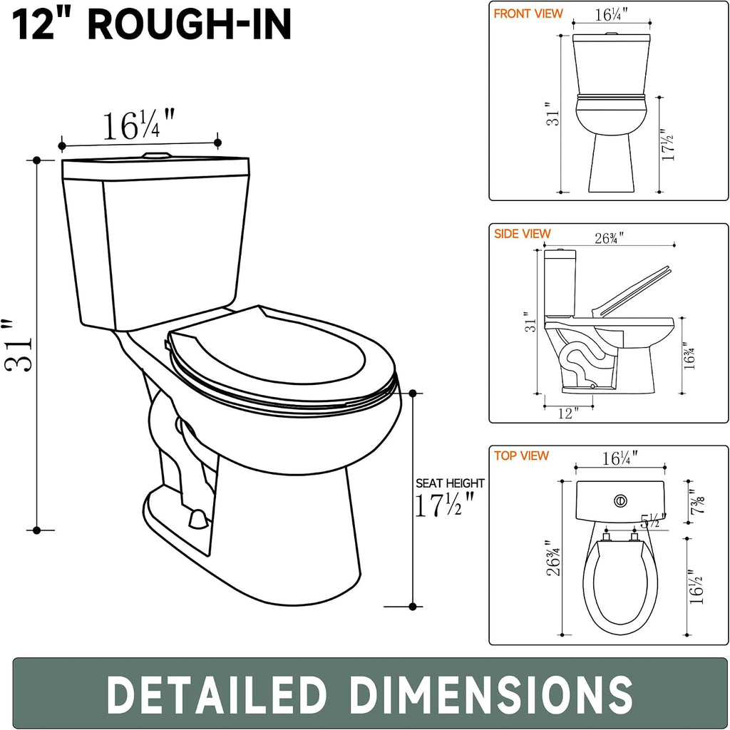 17 Inch Compact Tall Toilet ADA Height Seat 17.5', Powerful Tornado Flush, Two Piece Dual Flush 1.0/1.28 GPF, 12' Rough-in for Bathroom, Comfort Bowl Heigh 16.75', White