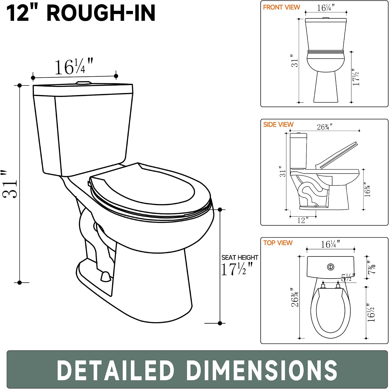 17 Inch Compact Tall Toilet ADA Height Seat 17.5', Powerful Tornado Flush, Two Piece Dual Flush 1.0/1.28 GPF, 12' Rough-in for Bathroom, Comfort Bowl Heigh 16.75', White