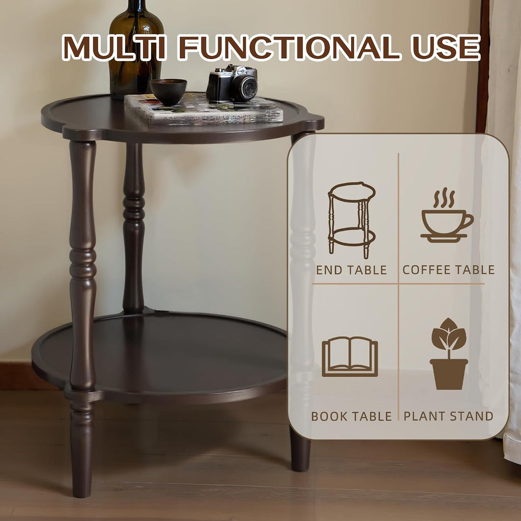 Accent Wood End Table, 2-Tier Round Bedside Table, Natural Side Table Nightstand for Family, Bedroom, Living Room, Handcrafted Finish, Walnut