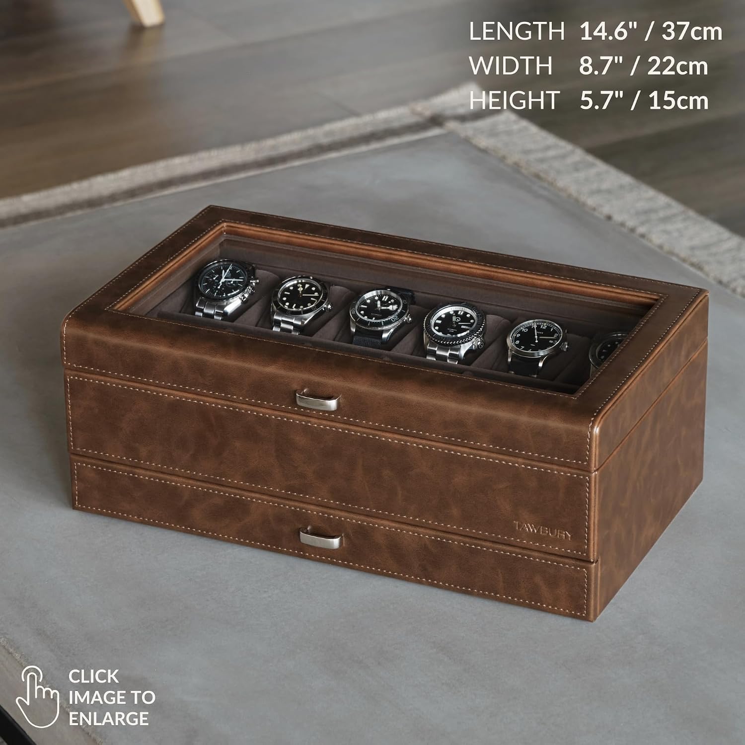 TAWBURY Watch Box for Men - 12 Slot Watch Case with Storage Drawer, Real Glass Display and 2-inch Wide Pillows for Large Watches (Brown)