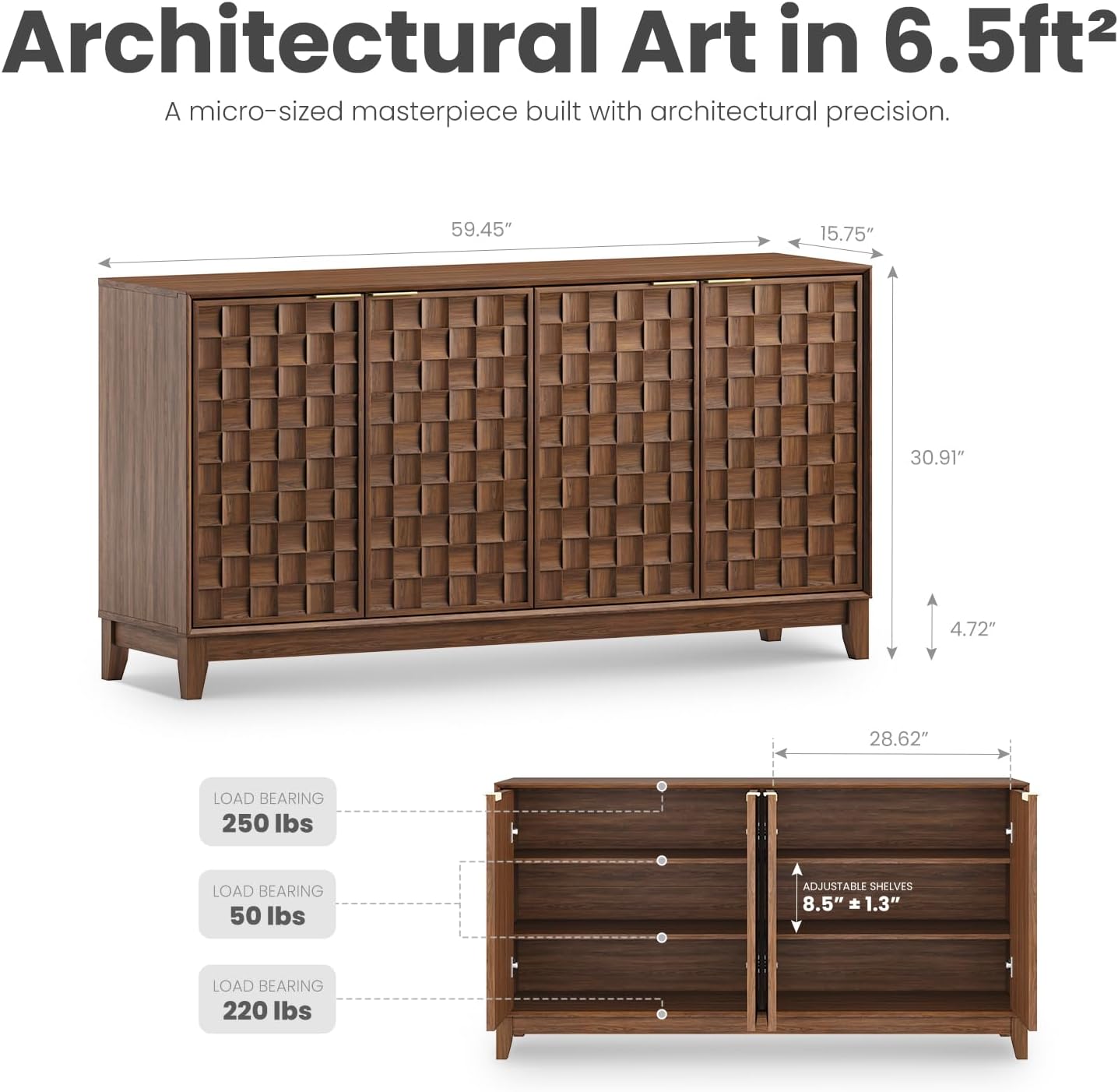 COLAMY 60' Sideboard Buffet Cabinet with Storage, Modern 4-Door Buffet Table with 3D Checkerboard Doors & Solid Wood Legs, Large Coffee Bar Cabinet for Dining Room, Living Room, Entryway, Espresso
