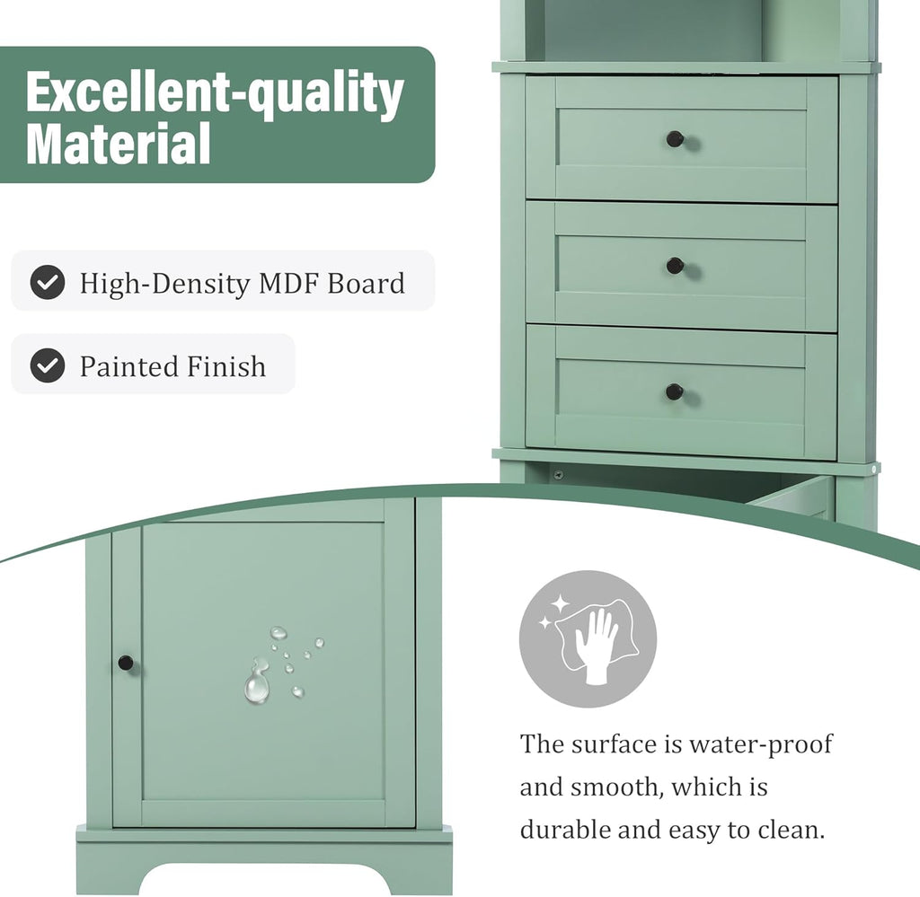 Corner Storage Cabinet with Adjustable Shelves, 68.9 in Tall | MDF, painted finish, adjustable shelves, corner fit, enclosed storage, bathroom, kitchen, 23 W x 13.4 D x 68.9 H in