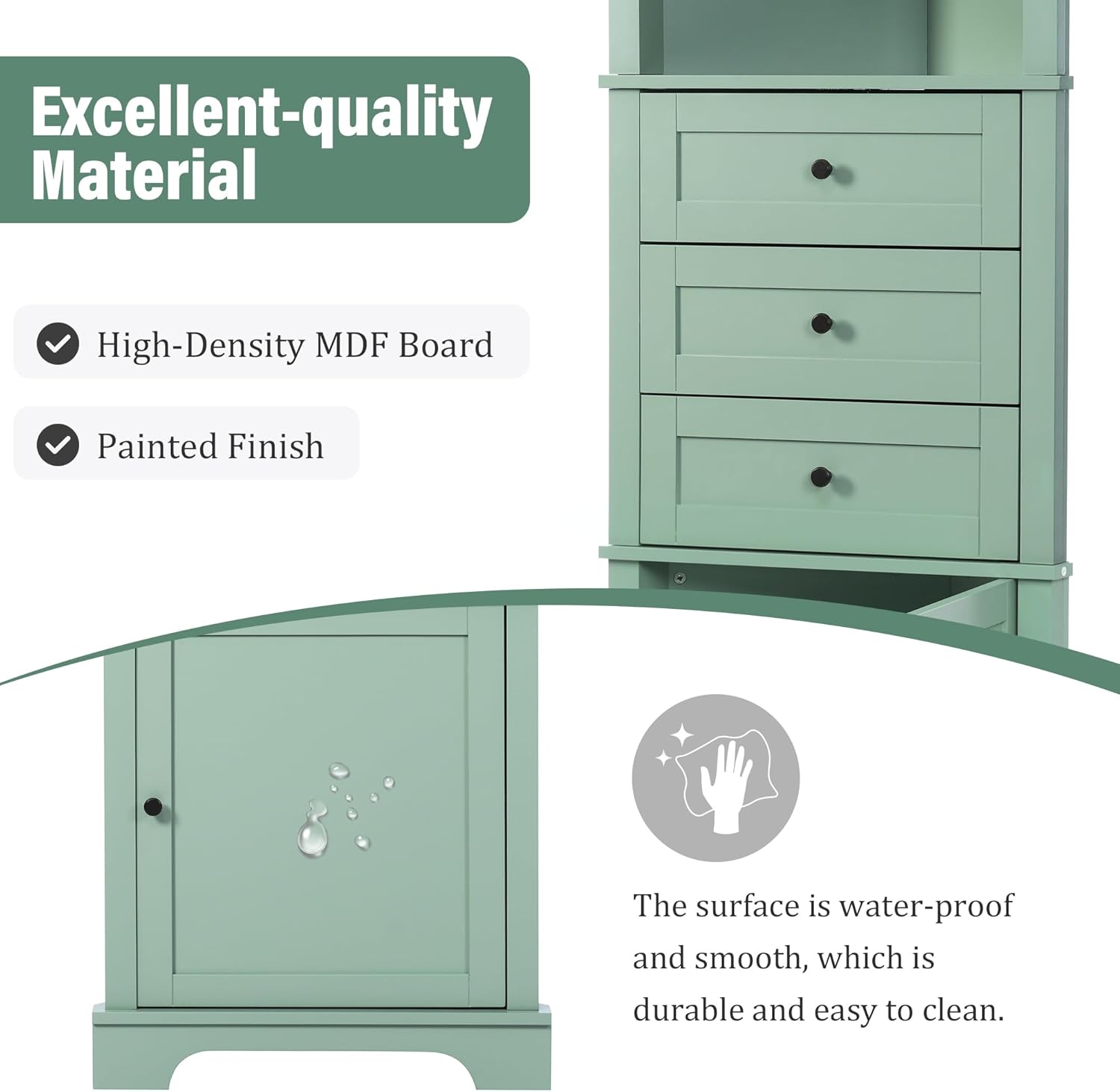 Corner Storage Cabinet with Adjustable Shelves, 68.9 in Tall | MDF, painted finish, adjustable shelves, corner fit, enclosed storage, bathroom, kitchen, 23 W x 13.4 D x 68.9 H in