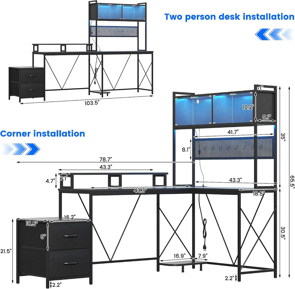 kepptory L Shaped Gaming Desk with 2 Drawers and Hutch, Home Office Computer Desk with Computer Stand and Pegboard, Corner Desk with Printer Desktop&Power Outlet, Black