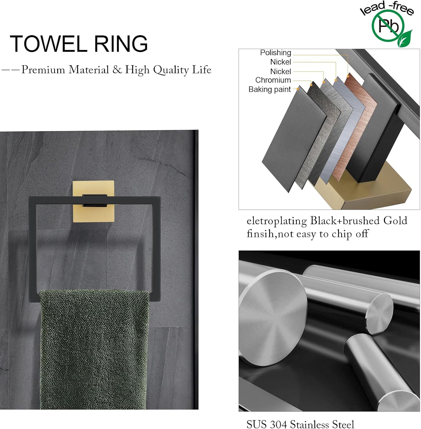 5-Piece Modern Bathroom Hardware Set, Stainless Steel Towel Bar Set with Robe Hook, Matte Black & Gold Finish