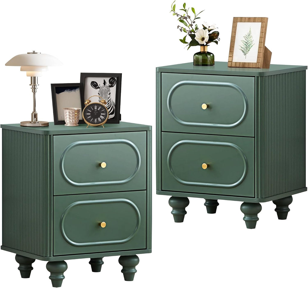 2 Drawer Fluted Nightstand Set of 2, Mid Century Modern Farmhouse Night Stand Small End Table Bedside Table for Bedroom, Green