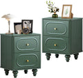 2 Drawer Fluted Nightstand Set of 2, Mid Century Modern Farmhouse Night Stand Small End Table Bedside Table for Bedroom, Green