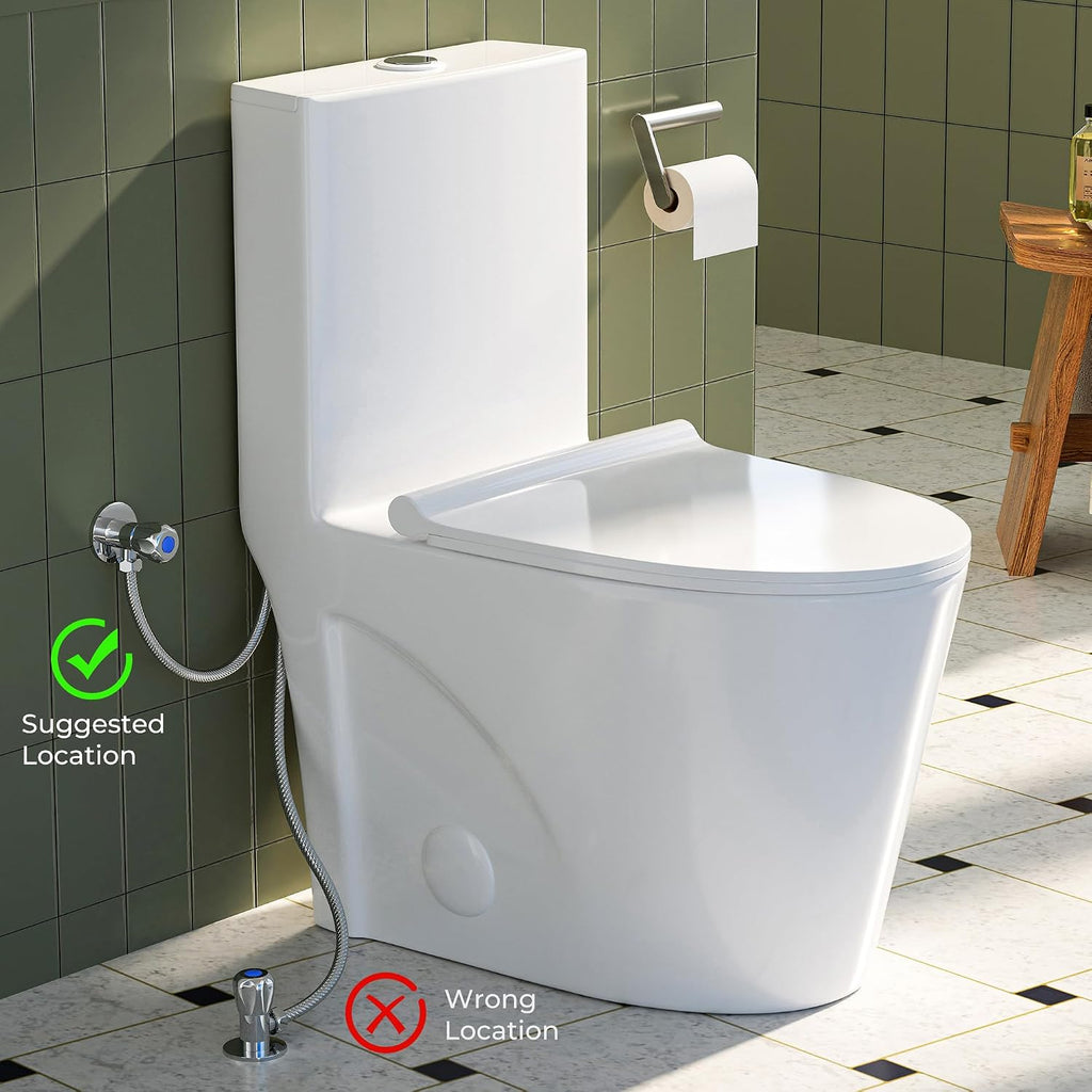 Modern One Piece Toilet, 1.1/1.6 GPF Elongated Dual Flush Toilet with Soft Closing Seat, Standard Modern Toilet for Bathroom, 12' Rough-In (Glossy White)