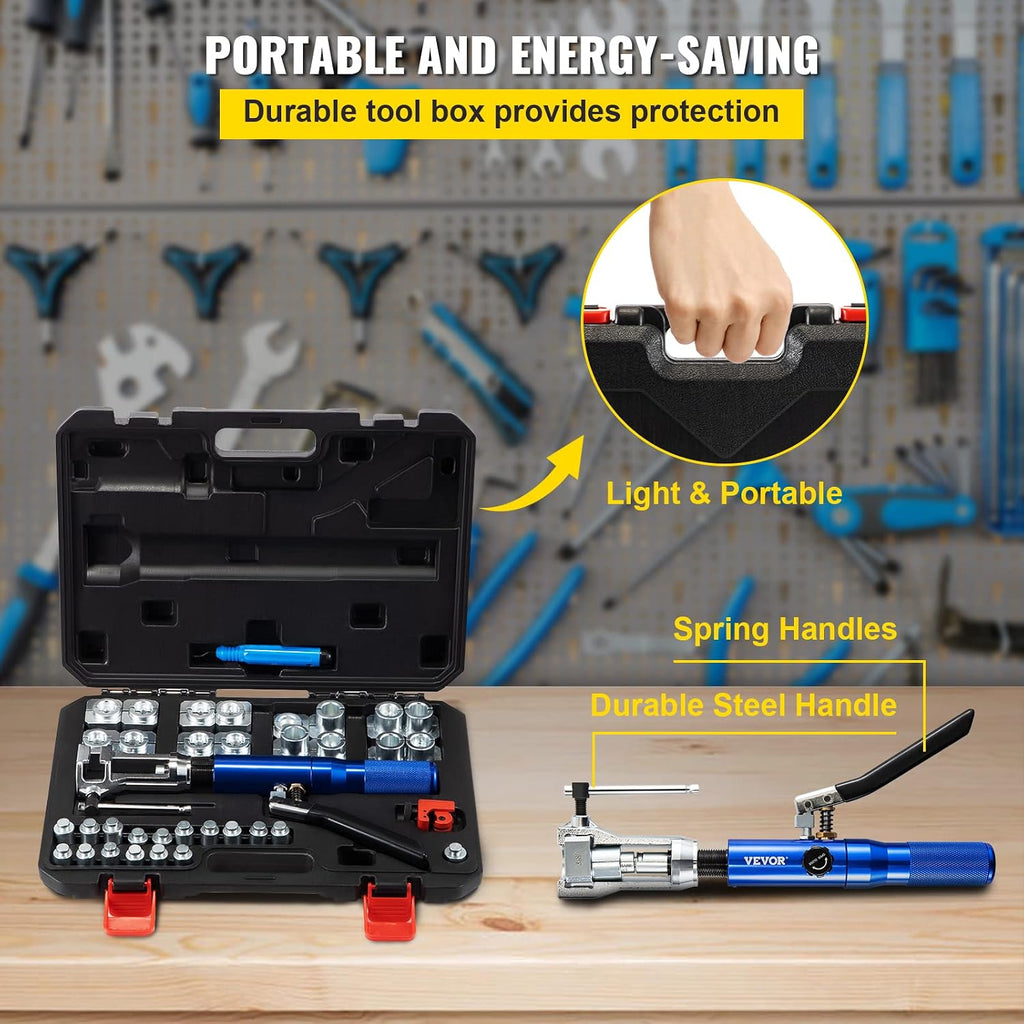VEVOR Hydraulic Flaring Tool Kit, 45° Double Flaring Tool, Brake Repair Brake Flaring Tools for 3/16'-1/2', Brake Flare Tool with Tube Cutter and Deburrer, 32 PCS Tube Flaring Tools for Copper Lines