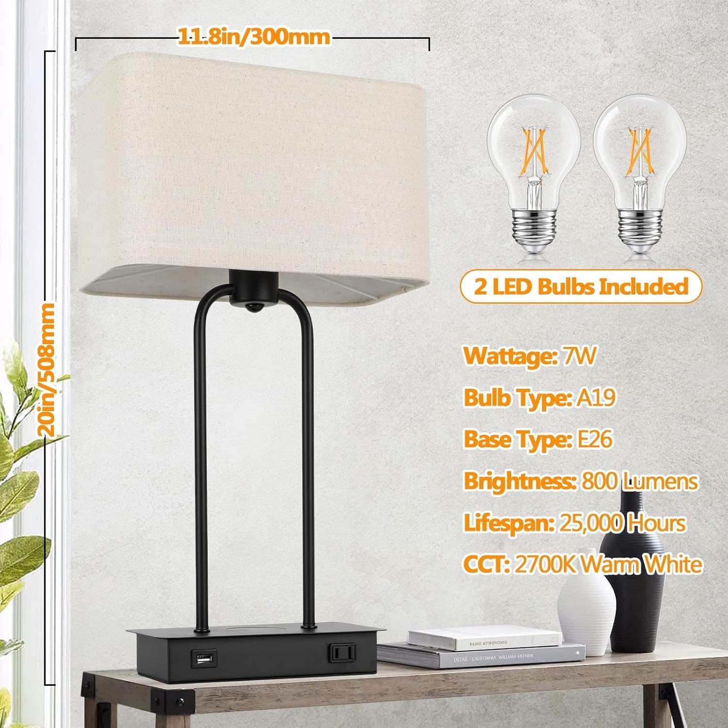 Set of 2 Wireless Charging Touch Control 3-Way Dimmable Table Lamps, Beside Nightstand Lamps for Bedroom with USB Port & AC Outlet, Living Room Office End Table Lamp, LED Bulbs Included, Chip Upgraded