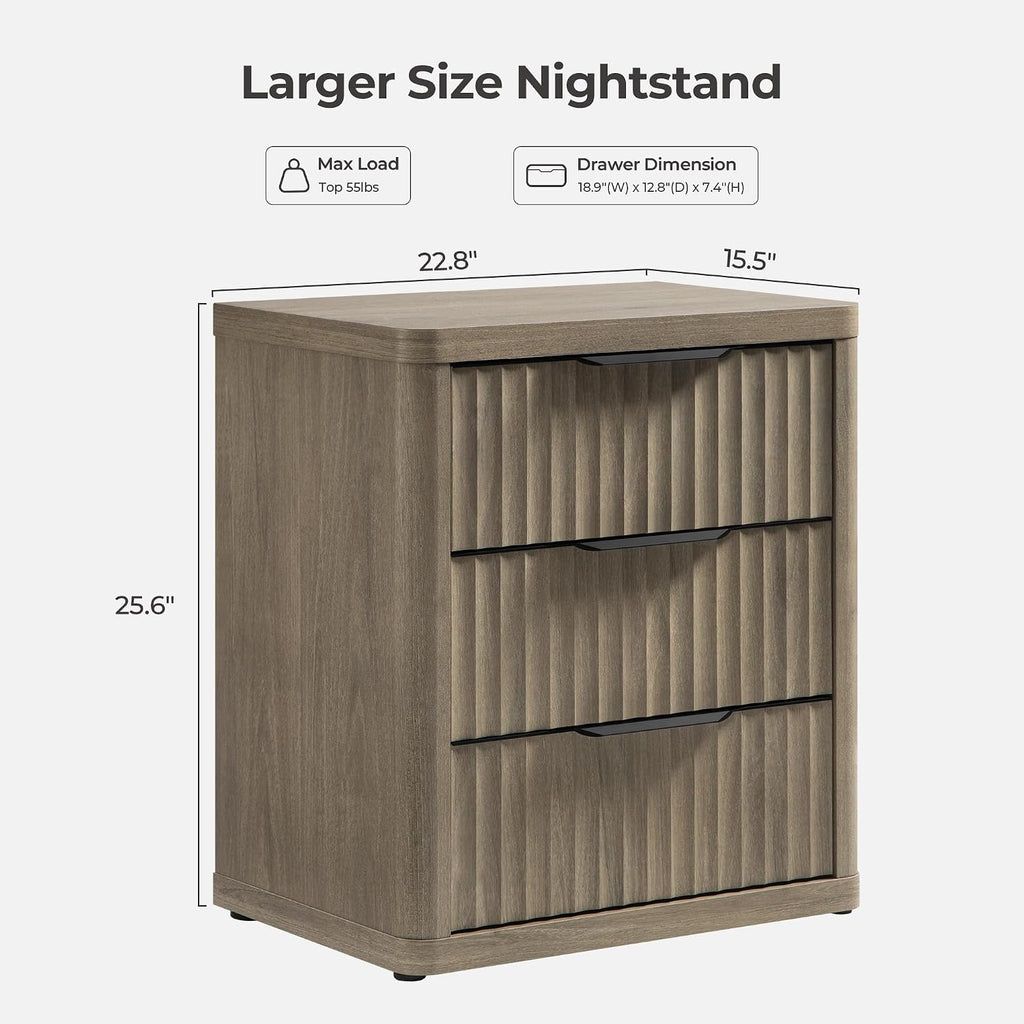 SICOTAS Night Stand Set of 2 Nightstands with 3 Drawers Storage Bedside Table Large Fluted Bed Side End Table Modern 25.6' Tall Wide Night Stands for Bedroom Living Room Sofa Couch Office, Grey Alder
