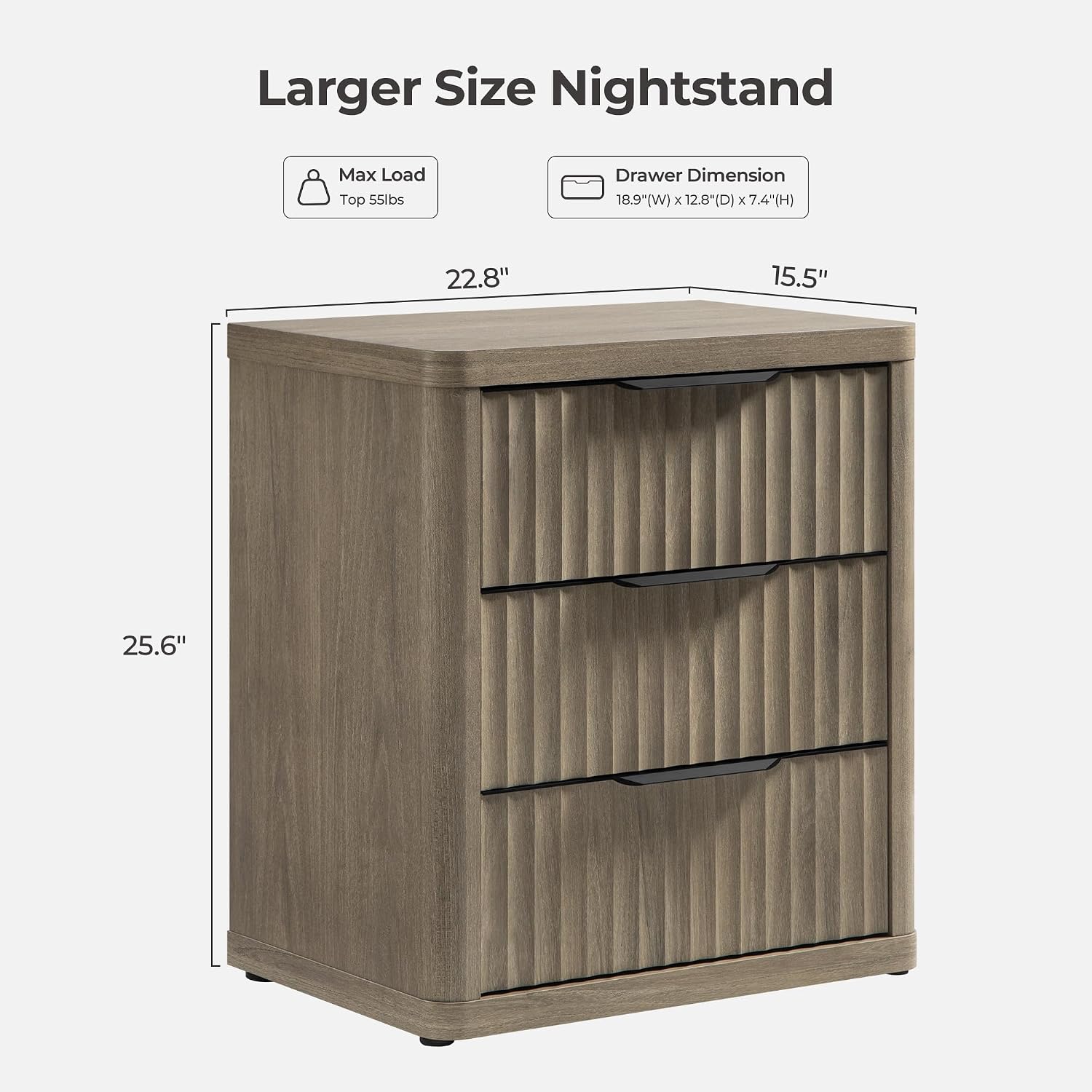 SICOTAS Night Stand Set of 2 Nightstands with 3 Drawers Storage Bedside Table Large Fluted Bed Side End Table Modern 25.6' Tall Wide Night Stands for Bedroom Living Room Sofa Couch Office, Grey Alder
