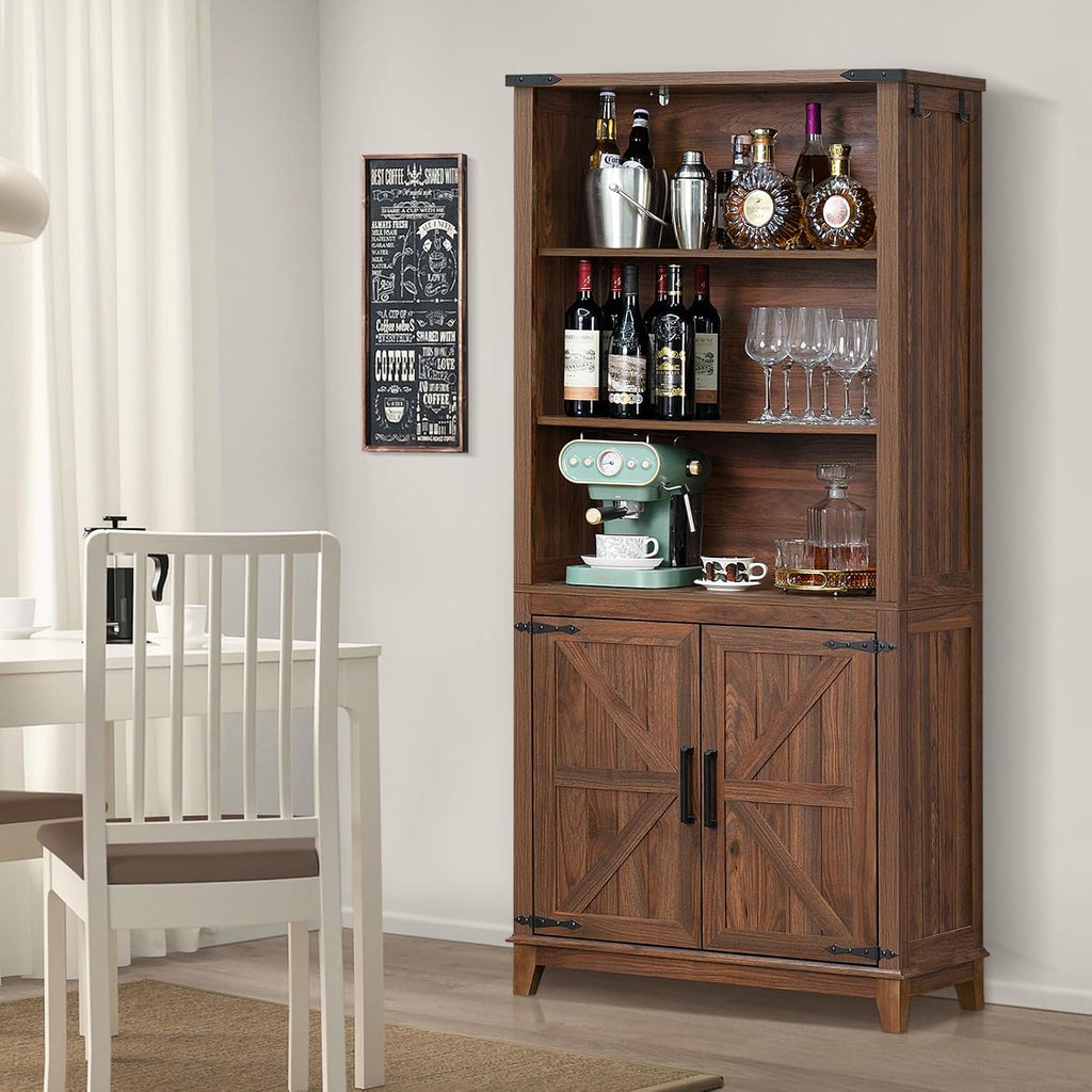 Joaxswe 70in Tall Bookshelf 5 Tier Bookcase with Barn Doors and Adjustable Shelves, Brown Farmhouse Book Shelf with Storage Cabinet, Wood Freestanding Display Bookshelves for Bedroom, Living Room