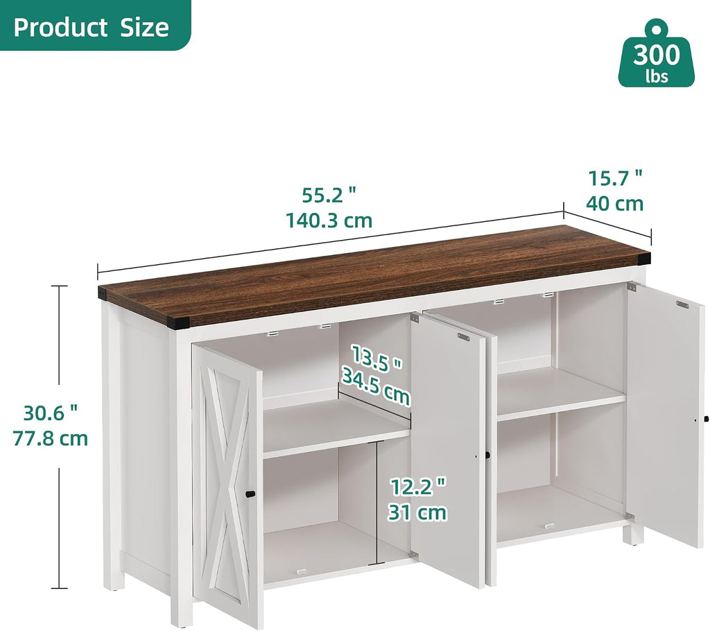 YITAHOME 55'' Sideboard Buffet Cabinet with Storage, Farmhouse Coffee Bar Cabinet Kitchen Storage Cabinets with Adjustable Shelf for Kitchen, Living Room, White