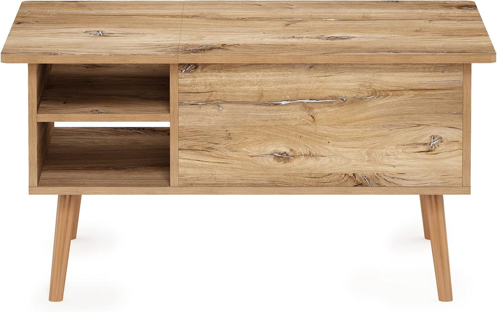 Furinno Jensen Wooden Leg Lift Top Coffee Table with Hidden Compartment and Side Open Storage Shelf for Living Room, Flagstaff Oak