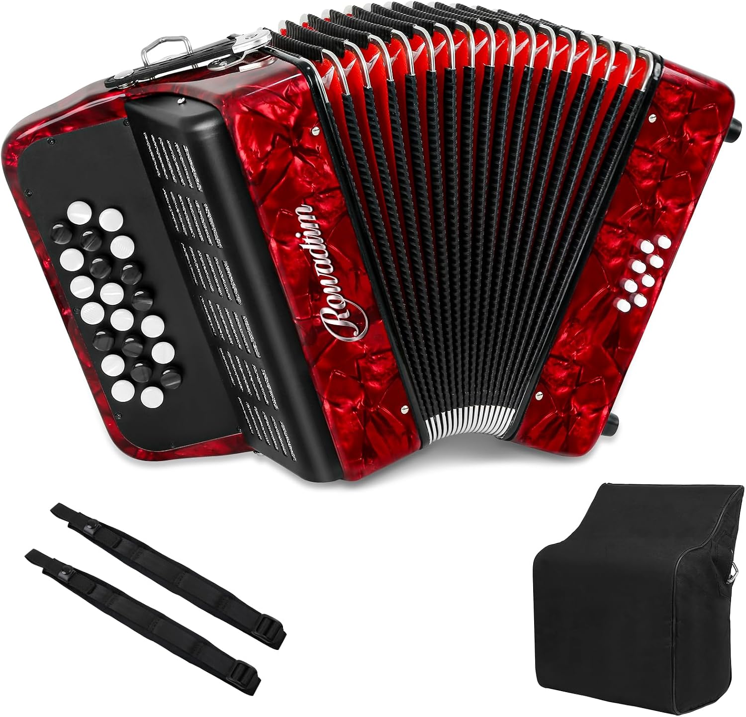 Accordions,22 keys Accordion,8 Bass Student Piano accordions Suitable for beginners and students Lightweight and portable, comes with a backpack and adjustable straps (8 Bass, Red)