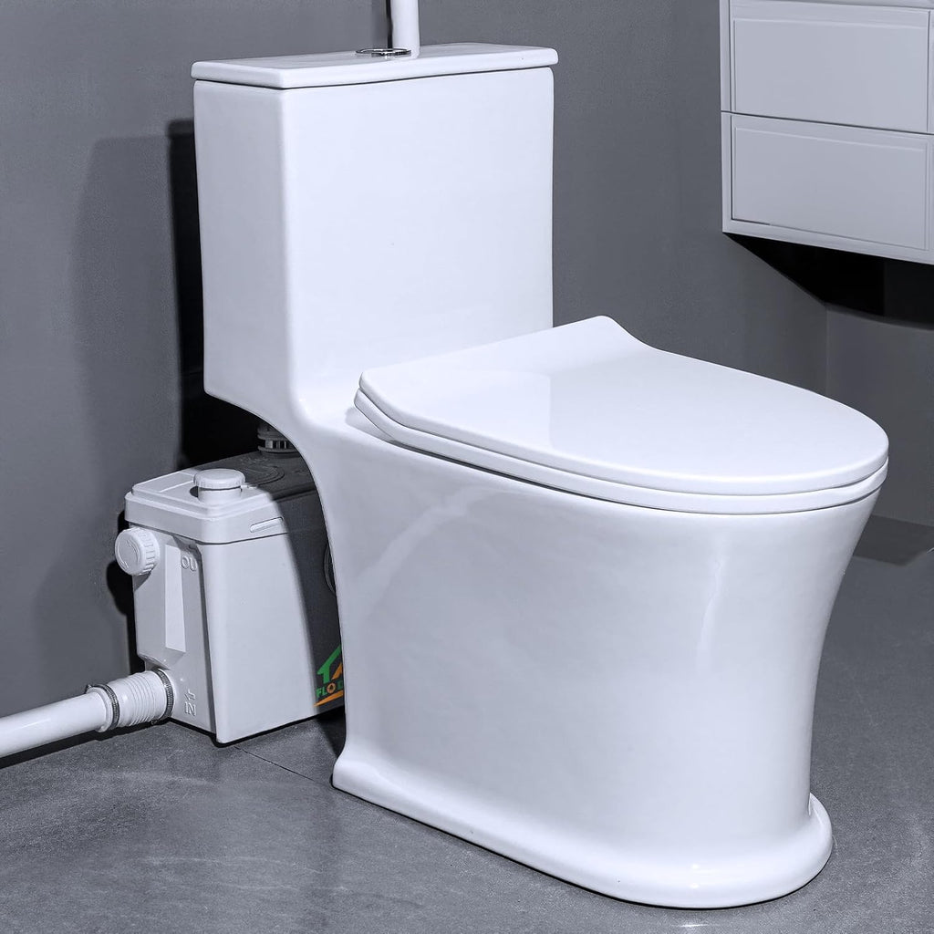 800Watt High Power Macerating Toilet with Pump for Basement, 36ft Vertical Upflush, 4 Inlets for Basin/Laundry/Shower, Dual-Flush Elongated Chair Height Toilet, Nano-glaze Finished