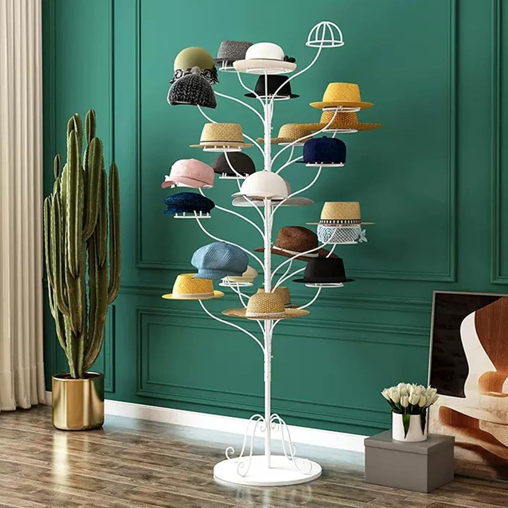 Standing Hat Display Stand with Wheels, Metal Organizer for Baseball Caps, Wigs & Headwear, Commercial Storage Rack(White,Child Capacity 20)