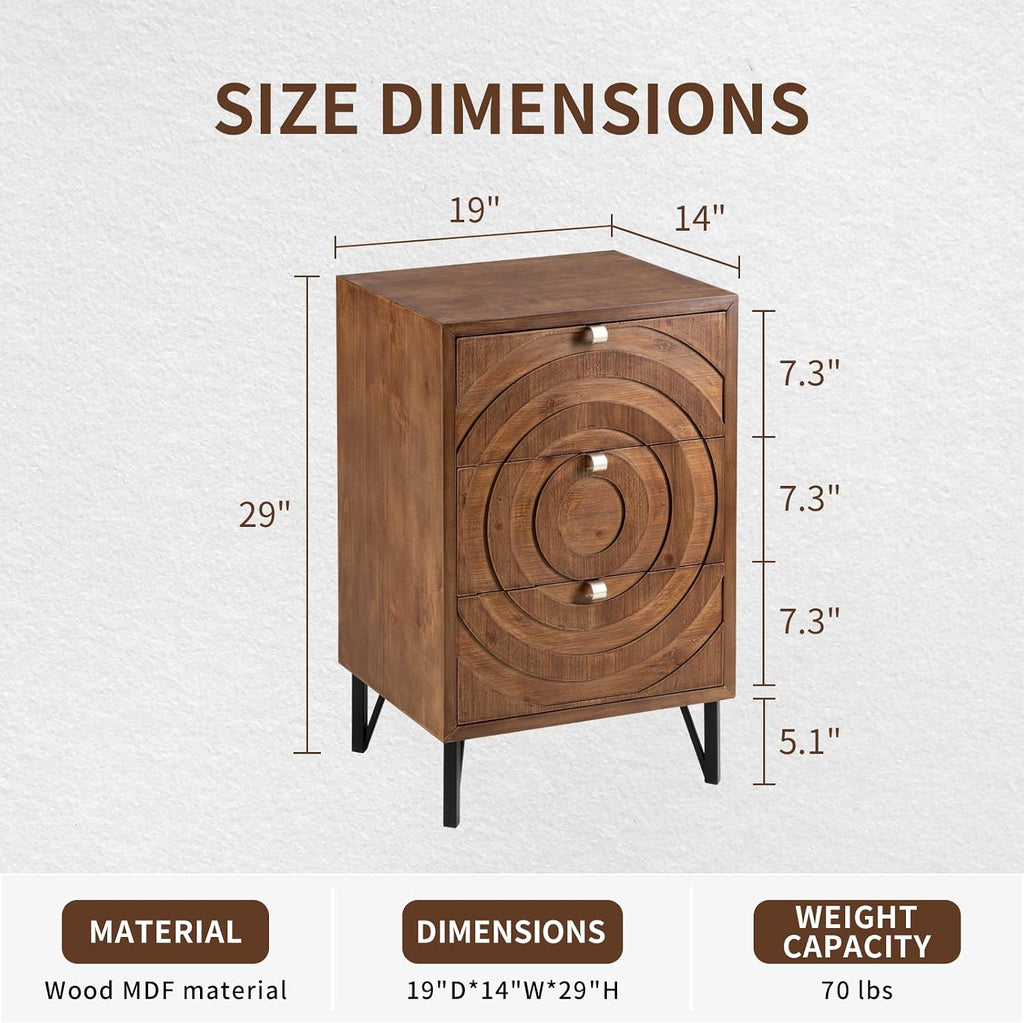 COSIEST Nightstand, Rustic End Table with 3 Drawers, Vintage Wood Bedside Table with Strudy Legs, Modern Side Table Accent Nightstand for Bedroom, Living Room(Brown,2 Pieces)