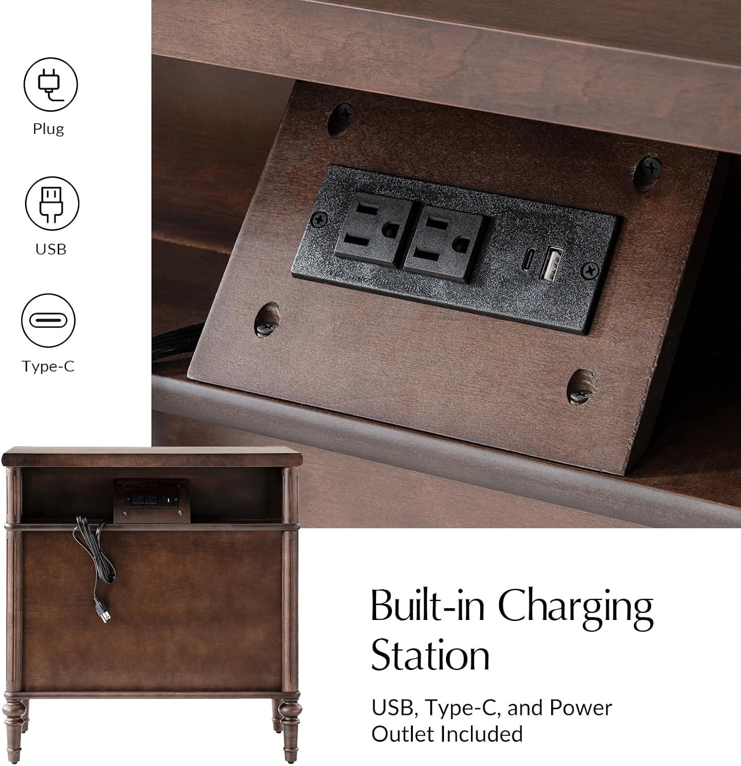 HULALA HOME Traditional End Table with Charging Station, Fluted End Tables with Wood Drawers and Solid Wood Spindle Legs, 28 Inch Wide Storage, Walnut