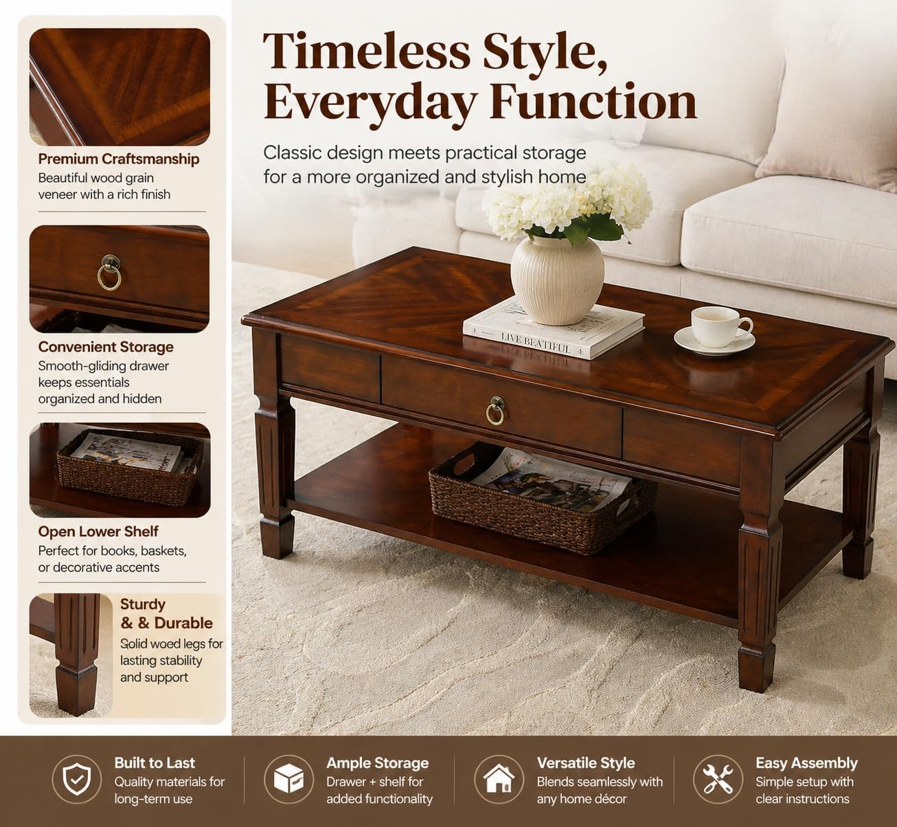 Coffee Table with Single 2-Way Pull Storage Drawer and Shelf, Farmhouse Living Room Table with Wood Legs, Rectangular Cocktail Table,Center Tea Table, 39.4'W x 21.7'L x 17.9'H, Dark Cherry KFZ-D1258