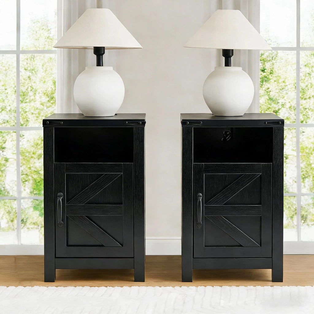 Farmhouse Nightstand Set of 2, Bedside Table with Charging Station, Night Stand with Barn Door, Black End Table Sofa Side, Nightstand Storage for Bedroom Living Room, Black