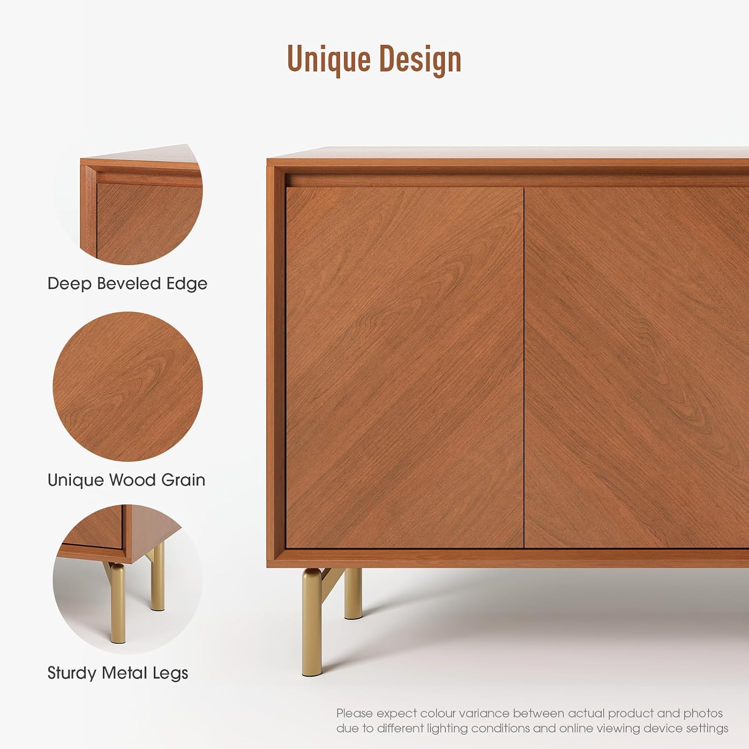 JOINICE Storage Cabinet, 59' Sideboard Buffet Cabinet with 4 Doors, Mid-Century Modern Wood Accent Cabinet, Chevron Pattern Credenza for Dining Room, Living Room, Entryway, Brown