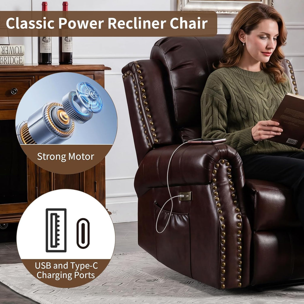HAOMARKETS Classic Power Recliner Chair with Massage and Heat, Breathable Faux Leather Electric Recliner with USB&Type-C Ports, Overstuffed Reclining Sofa with Rivets for Living Room, Caramel Brown