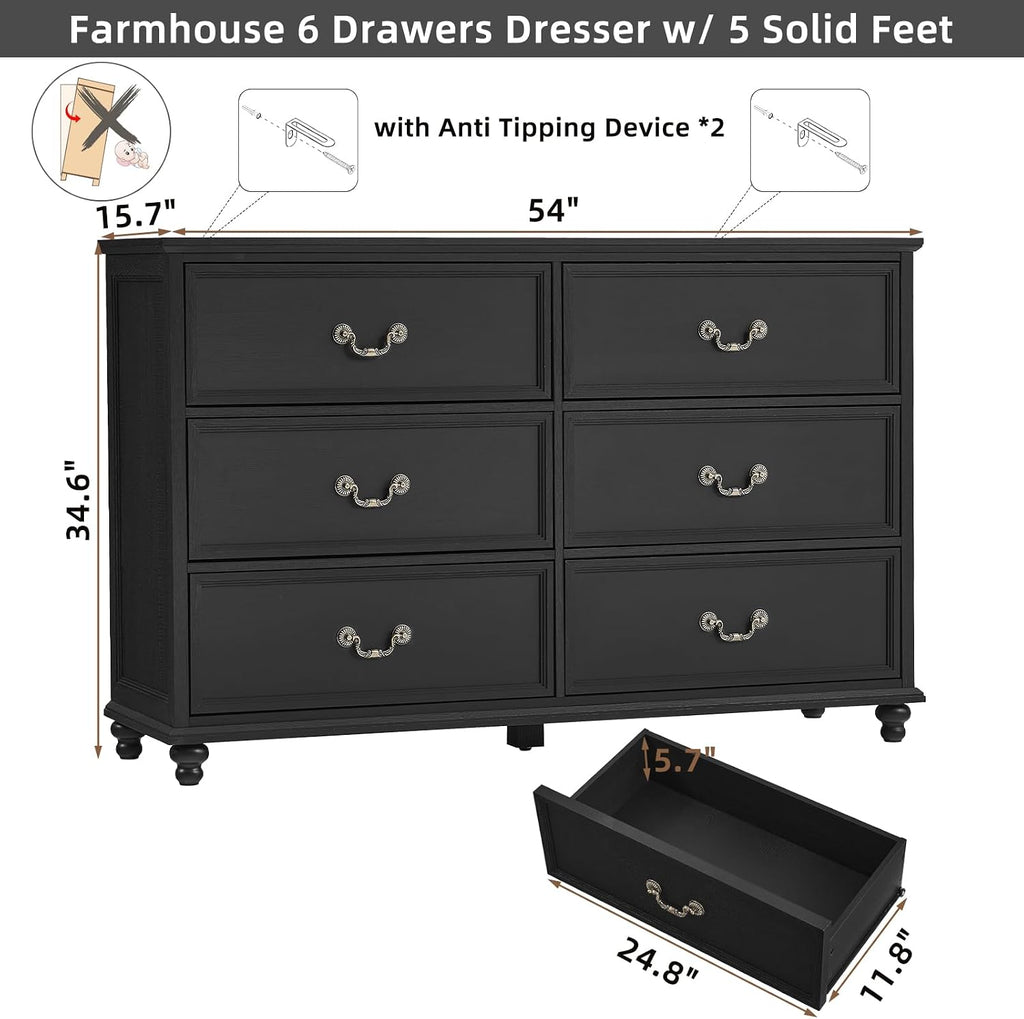 Joaxswe Farmhouse 6 Drawers Dresser for Bedroom, Vintage 54' Wide Chest of Drawers w/ 4 Wooden Legs, Rustic Large Closet Storage Dressers Organizer for Hallway, Wood TV Stand for Living Room, Black