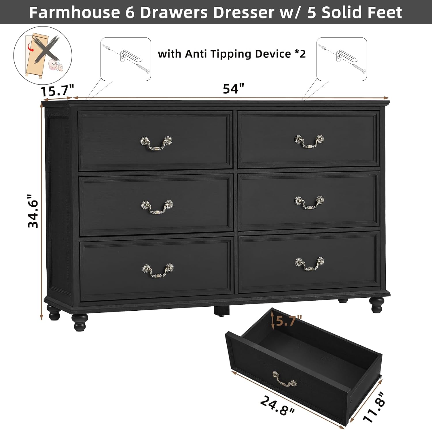 Joaxswe Farmhouse 6 Drawers Dresser for Bedroom, Vintage 54' Wide Chest of Drawers w/ 4 Wooden Legs, Rustic Large Closet Storage Dressers Organizer for Hallway, Wood TV Stand for Living Room, Black