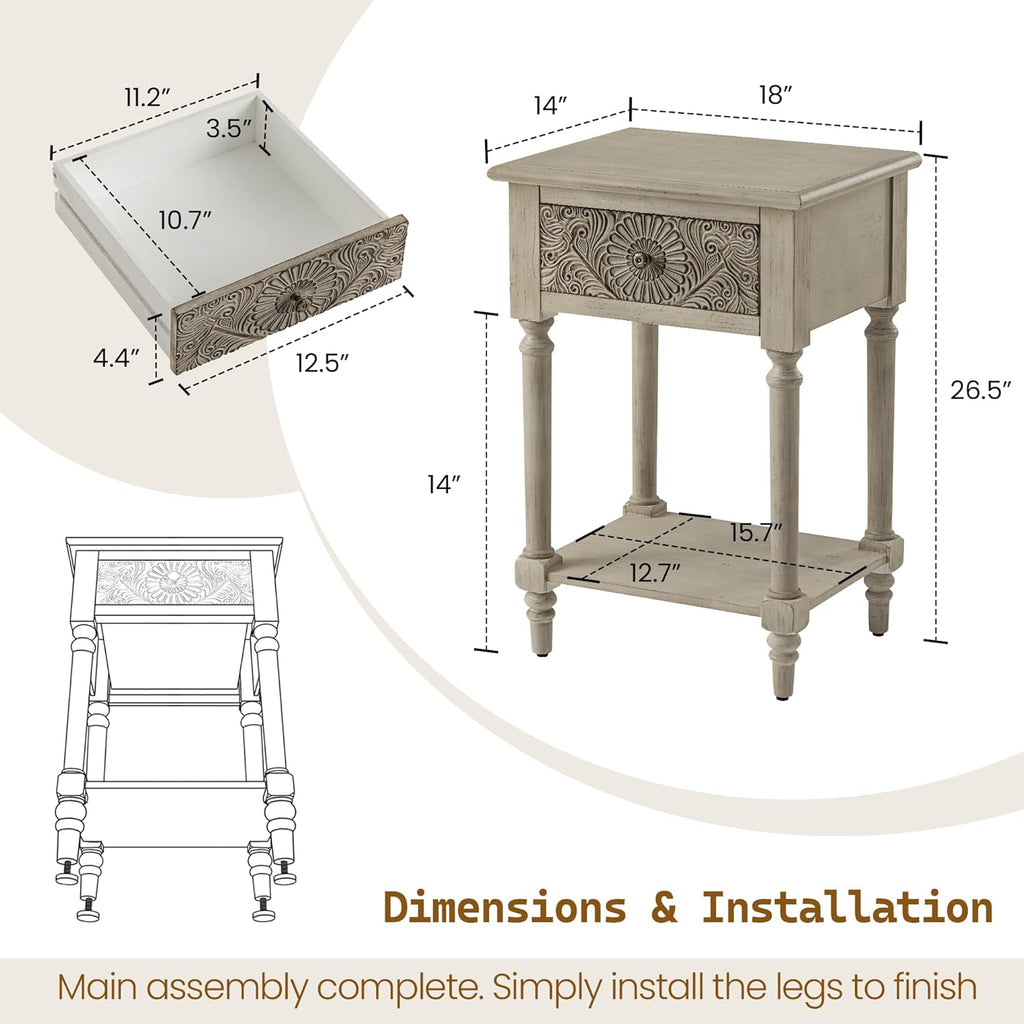 SUNBURY Vintage Nightstand Set of 2, Wood Small Bedside Table with Drawer and Open Shelf, Shabby Accent End Side Table for Living Room, Bedroom