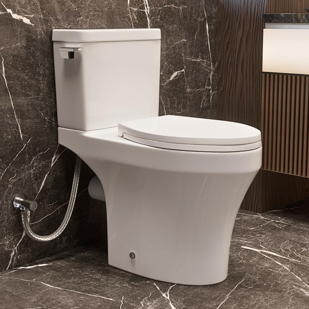 Rear Discharge Toilet with Powerful Rimless Flush, 18'' Comfort Height, Elongated Bowl, 1.28 GPF, Back Outlet Two Piece Toilet with Tank, P-Trap, Skirted Modern Design, Two Extension Pipes Included