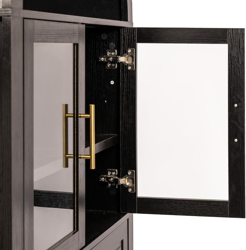 71' Farmhouse Arched Kitchen Pantry Cabinet with Glass Doors & Large Drawer, Wood Versatile Cupboard with Adjustable Shelves for Kitchen Dining Room Living Room Coffee Bar(Black)