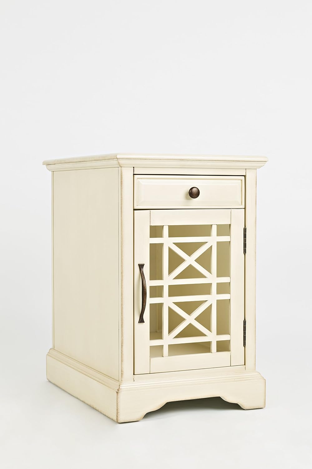 Jofran Farmhouse Craftsman End Table with Charging Station – Narrow Night Stands with USB Charging Port – Space-Saving Design for Bedroom, Living Room, or Entryway, Antique Cream