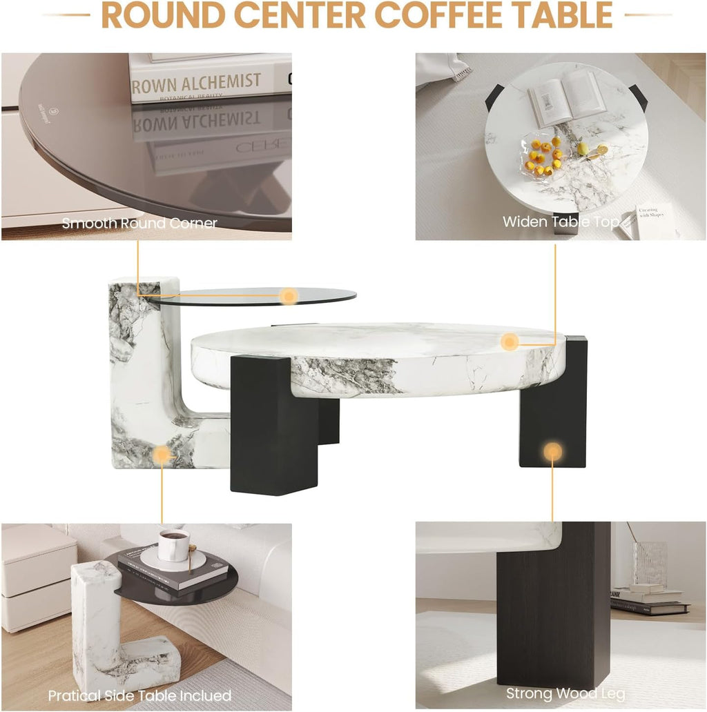 35.43' Modern Round Nesting Coffee Table Set of 2, Faux Marble Texture Surface & C Shape Side Table, Center Coffee Table for Living Room/Apartment/Farmhouse/Studio