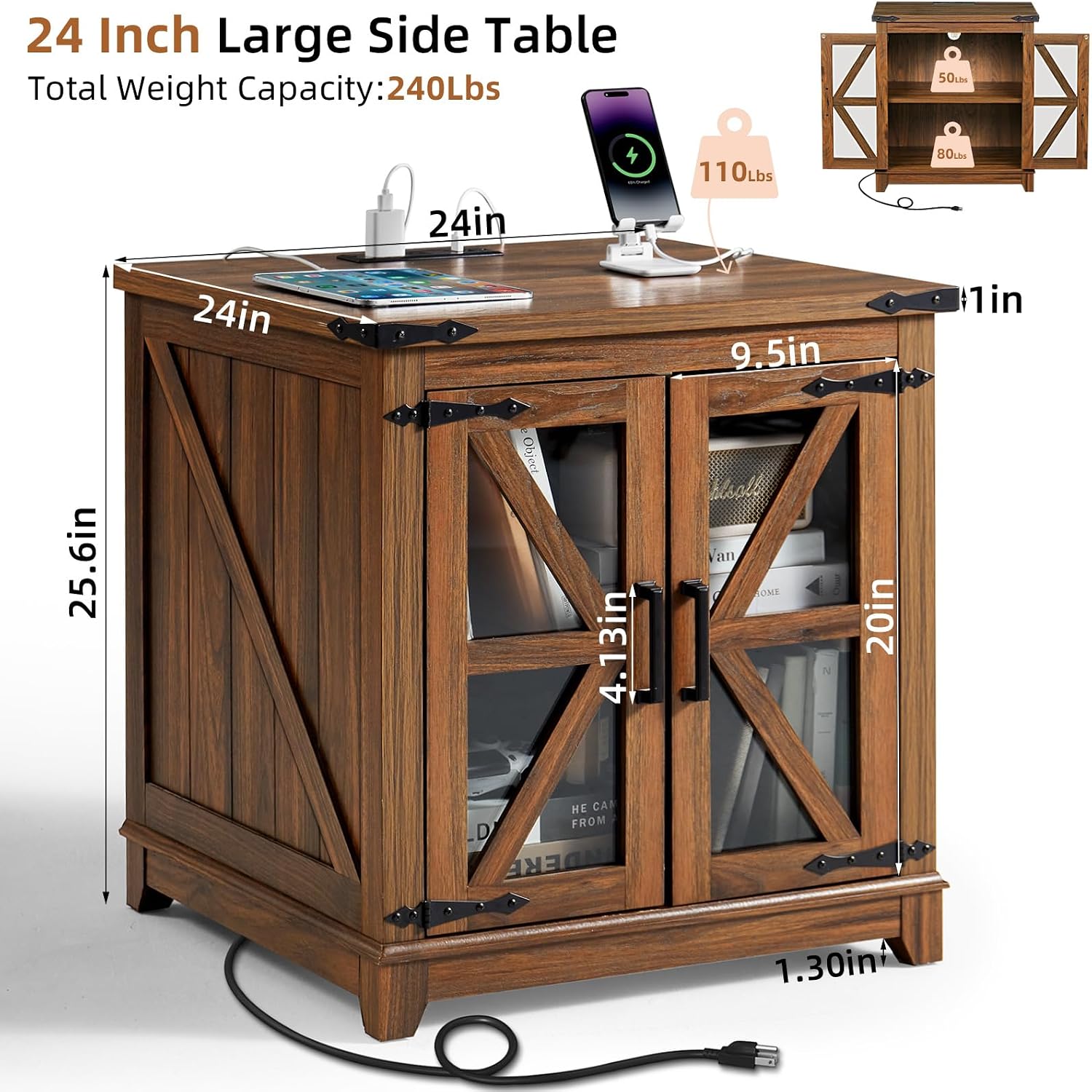 Joaxswe Farmhouse End Table with Charging Station Set 2, 24' Large Sofa Side Table with Glass Barn Door, Nightstand with Adjustable Storage Shelf,Wood Square Bedside Table for Living Room,Bedroom