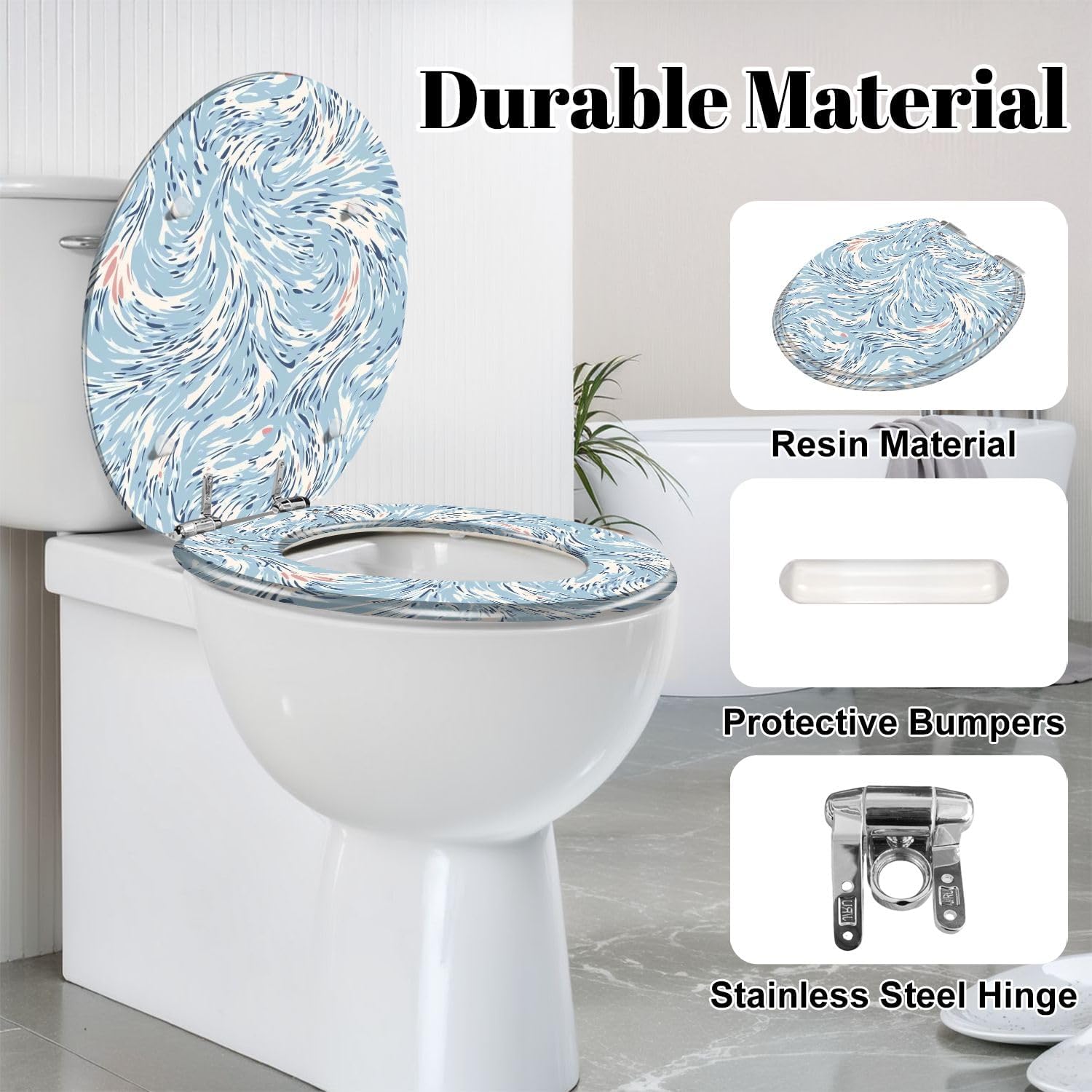 Round Toilet Seat Abstract Hand Drawing Liquid Fluid Wavy Swirl Marbling Leopard Cheetah Resin Toilet Seat Slow Quiet Close Lid with Quick-Release Hinges Cover Bumpers Easy to Clean Install