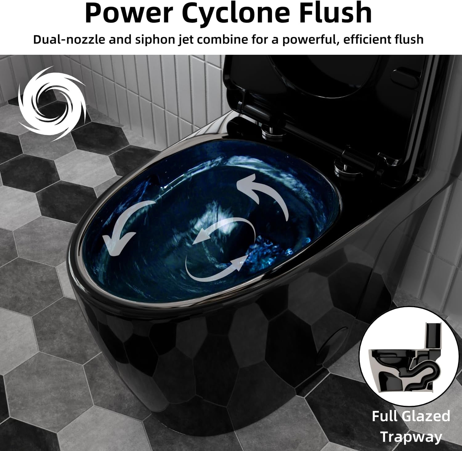 Black Toilet with Rimless Swirl Flush, Los Flexi 17.3' ADA Modern Elongated One Piece Toilets For Bathrooms, Dual Flush 1.0/1.28 GPF, Comfort Chair Height, Soft-Close Black Toilet Seat & 12' Rough-In