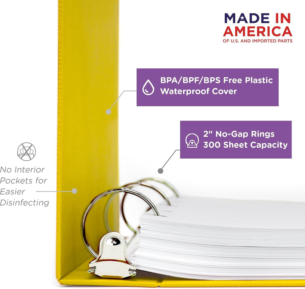Carstens 2-Inch Heavy Duty Round Ring Binder for Safety Data Sheets (SDS) – Side Opening, Yellow, Case of 16, Durable Plastic, No Pockets, Holds 300 Sheets, Made in USA (1832-3RCS)