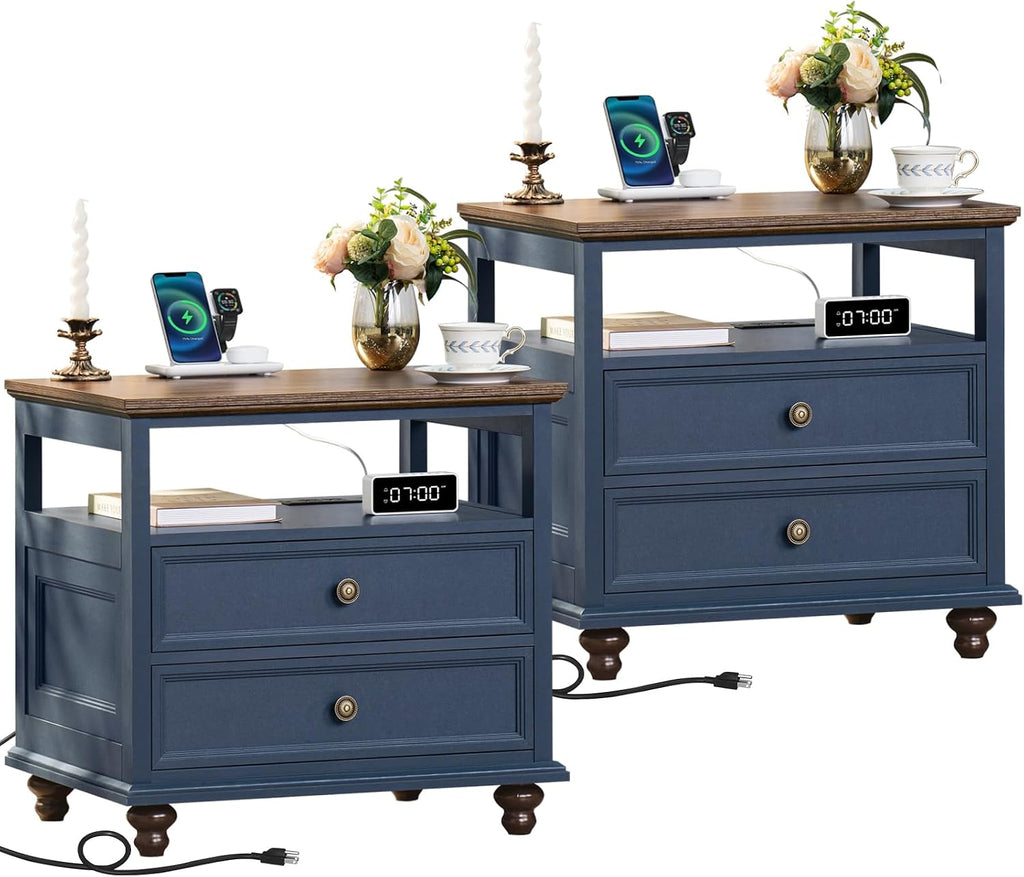 Joaxswe Farmhouse Nightstand Set of 2 with Charging Station, 24' Wide End Table with 2 Drawers,Wood Dresser for Bedroom,Bed Side Table Chest of Drawers Cabinet,Navy BlueNight Stand for Living Room