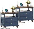 Joaxswe Farmhouse Nightstand Set of 2 with Charging Station, 24' Wide End Table with 2 Drawers,Wood Dresser for Bedroom,Bed Side Table Chest of Drawers Cabinet,Navy BlueNight Stand for Living Room