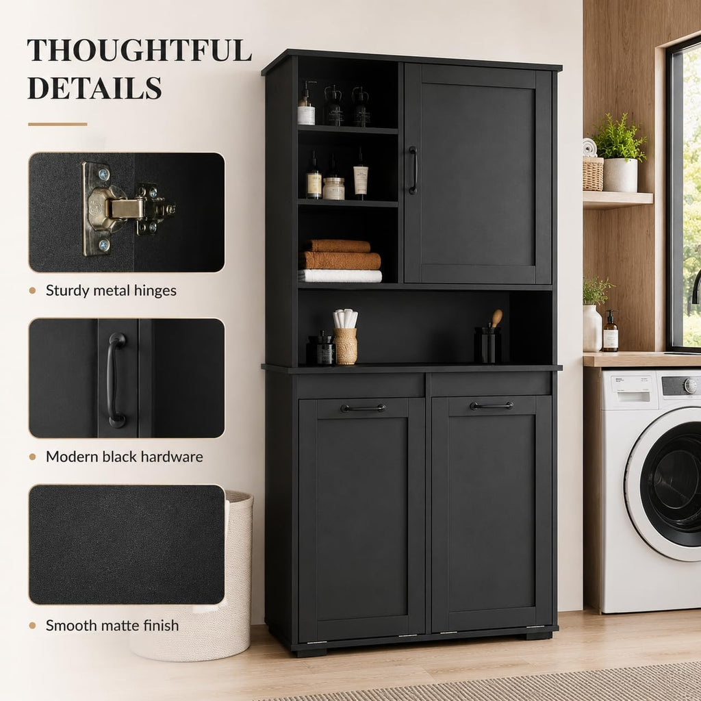 Bathroom Storage Cabinet with 2 Tilt-Out Bins, Freestanding | Particle board, MDF, melamine finish, 2 tilt-out bins, adjustable shelf, open shelves, bathroom, 31.5 W x 15.75 D x 63 H in