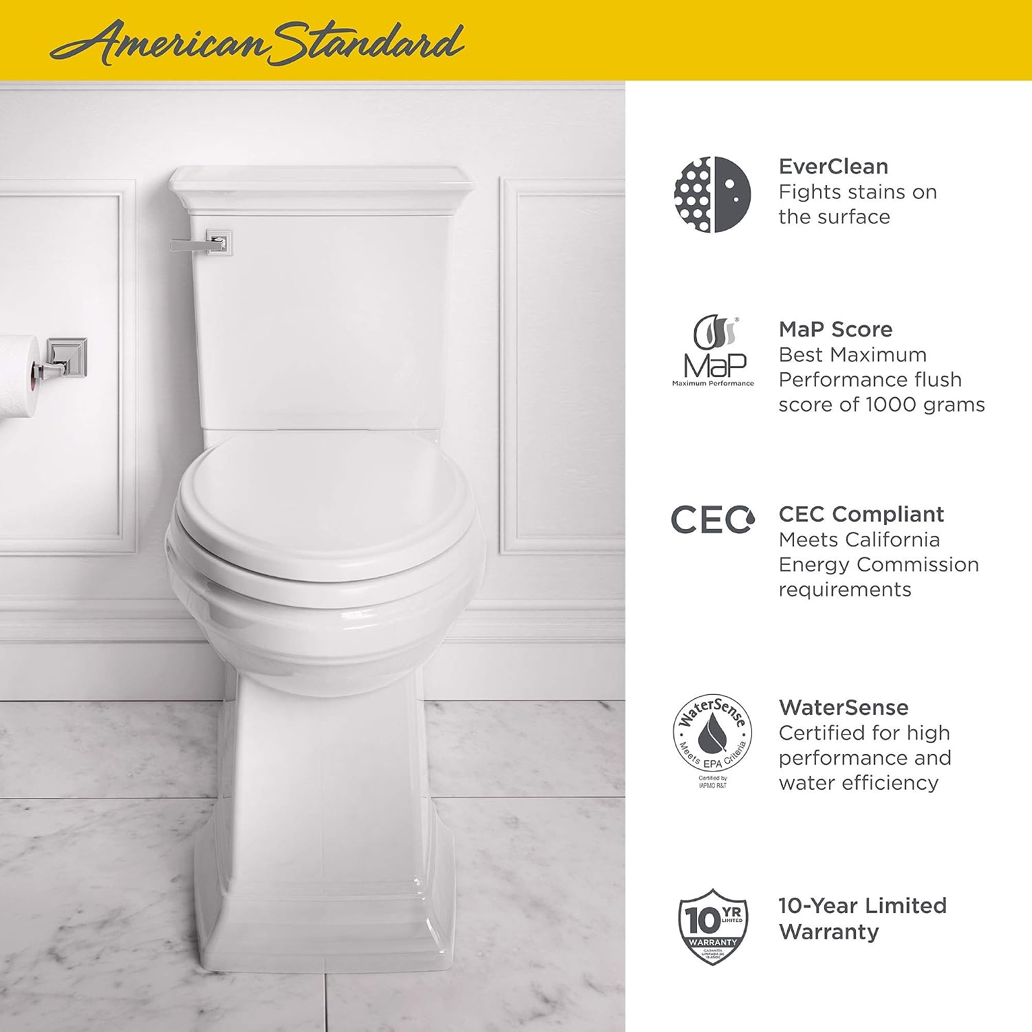 American Standard 281AA104.020 Two-Piece Town Square S Toilet with Seat, Elongated Front, Chair Height, White, 1.28 GPF