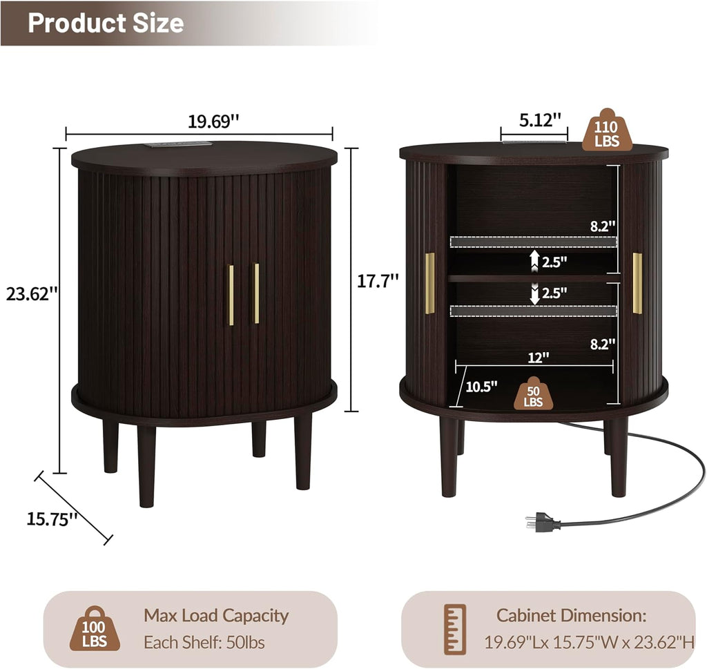DHH Mid Century Modern Nightstand set of 2 with Charging Station, Fluted Accent Side Table with Sliding Door & Adjustable Shelf, End Table for Small Space, Living Room, Bedroom,Sofa Couch, Dark Walnut