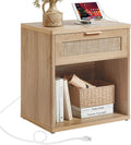 LEYAOYAO Rattan Nightstands Set of 2 with Charging Station, Natural Wood Night Stand with Drawer, 23' Wide Boho Bedside Table with Storage Shelf, Bed Side End Tables for Bedroom, Living Room, Hallway
