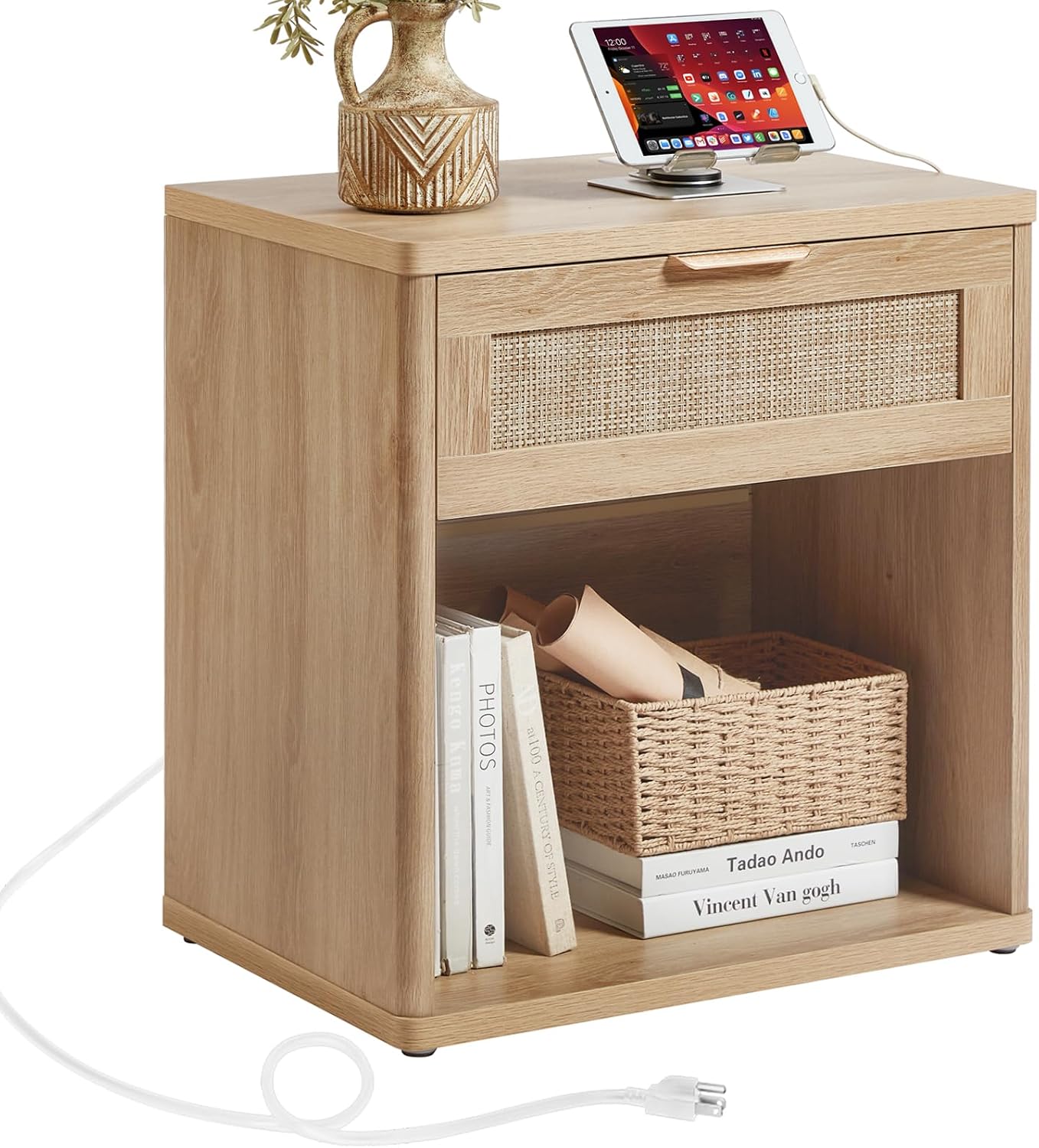 LEYAOYAO Rattan Nightstands Set of 2 with Charging Station, Natural Wood Night Stand with Drawer, 23' Wide Boho Bedside Table with Storage Shelf, Bed Side End Tables for Bedroom, Living Room, Hallway